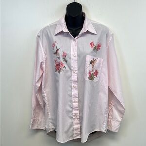 Get Lucky Pink and White Striped Shirt with Hummingbirds Size M
